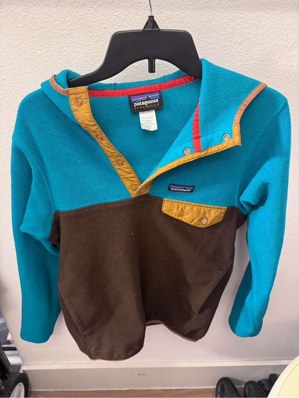 Patagonia Kids Teal & Brown Snap Hoodie with Mustard Accents